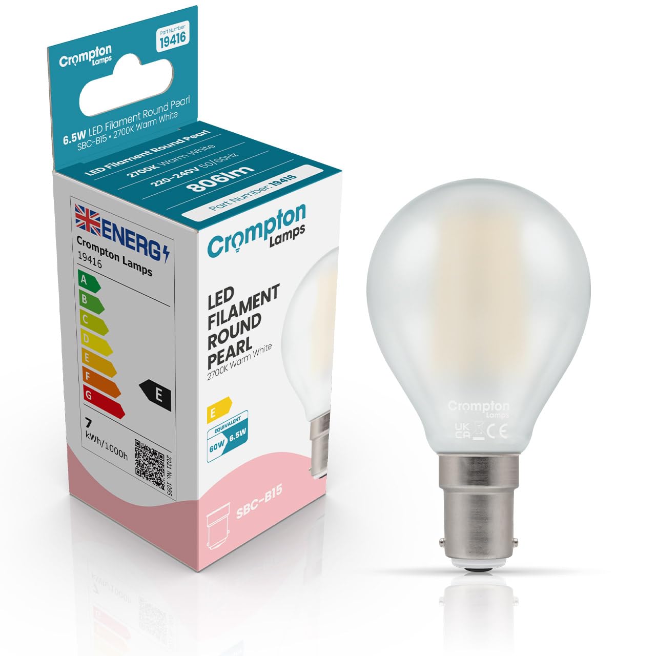 Crompton Lamps Filament Golfball LED Light Bulb SBC-B15d | 6.5W = 60W Equivalent | Warm White 2700K | Energy Efficient | Small Bayonet Lightbulb | Long Life 15,000-Hrs | Pearl Glass — image 1