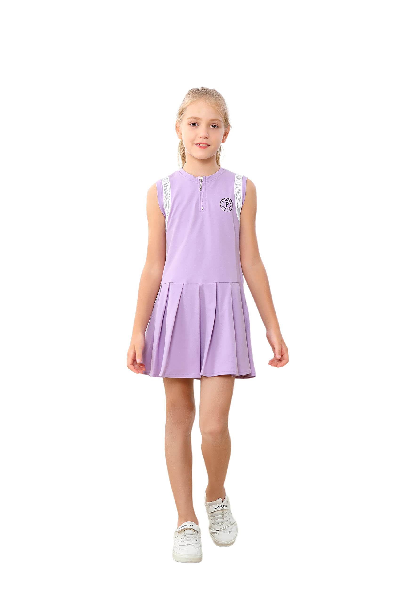 EXARUS Girls Tennis Dress with Shorts Golf Sleeveless Outfit School Sports Pleated Dresses with Pockets Purple 8 Years