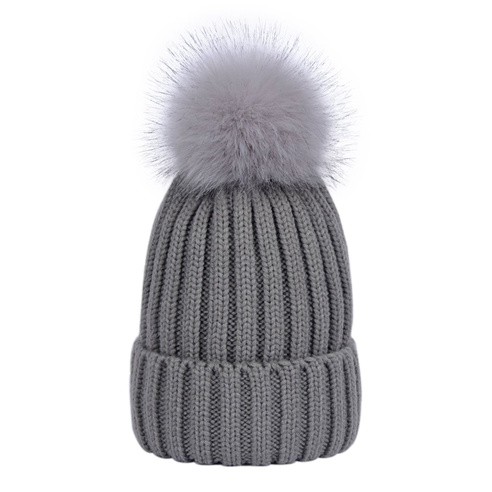 Lausons Women's Grey Warm Ribbed Knit Winter Bobble Hat Faux Fur Pom Pom Beanie In
