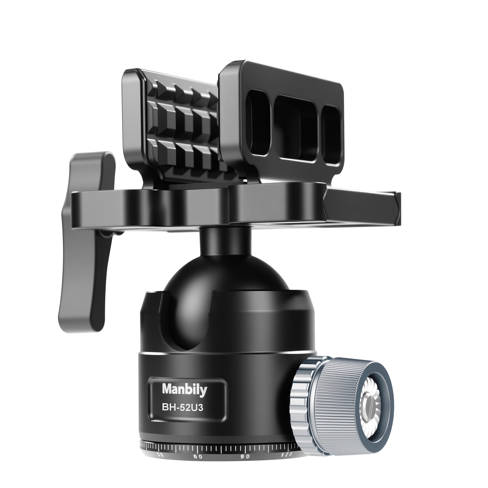 Manbily BH-52U3 Kugelkopf mit Klemme für Stative, Tripods, Monopoden, Niedriges Profil Dreibeinkopf mit 52mm Durchmesser, Sattel Montage 360° drehbar zum Schießen, Maximale Ladung 25kg