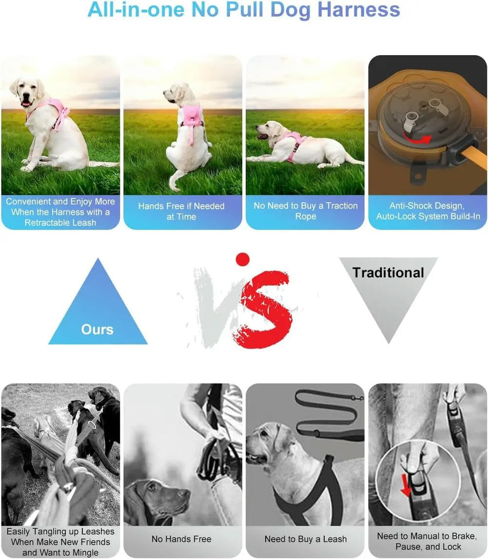 umsl AMOBOX Harnais Anti-Traction pour Chiens de Taille Moyenne avec Laisse rétractable intégrée, Harnais Robuste à Clip Avant