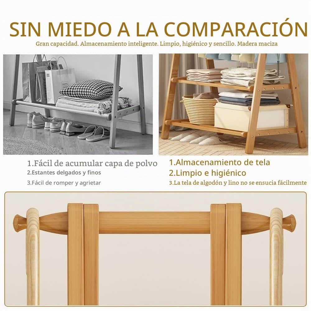 Perchero Burro de Bambú, Perchero de Pie Armario Abierto Madera con Raíles para Ropa, Percheros Burro para Dormitorio, Sala de Estar Oficina, Fácil Ensamblar