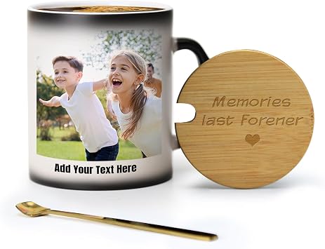 Color Changing Coffee Mug with Lid & Spoon - 10oz Personalized Custom Cup, Heat Sensitive Mug with Wood Engraved Cover & Heart Handle - Gift for Birthday, Dad, Mom, Christmas