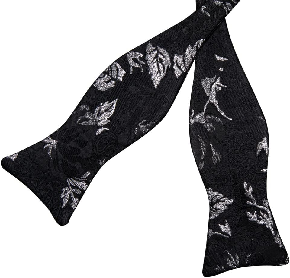 Floral Men's Bow Tie Party Wedding Black Pocket Square Cufflinks Set