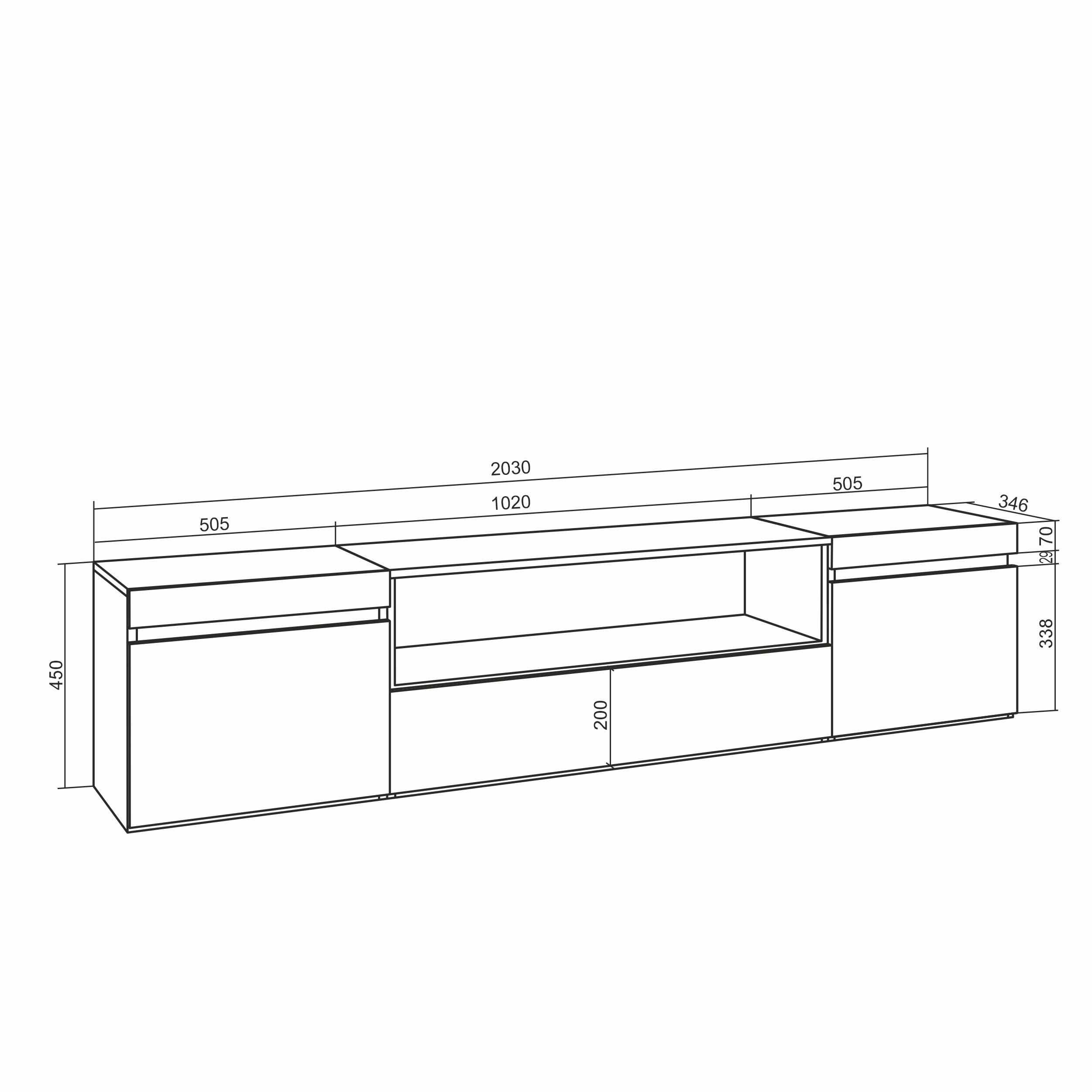 Skraut Home | TV-Schrank, Lowboard | für Wohnzimmer und Esszimmer | 200x45x35cm | Für TV-Geräte bis zu 80" | Elektrokamin. Maße | Moderner Stil | Zement
