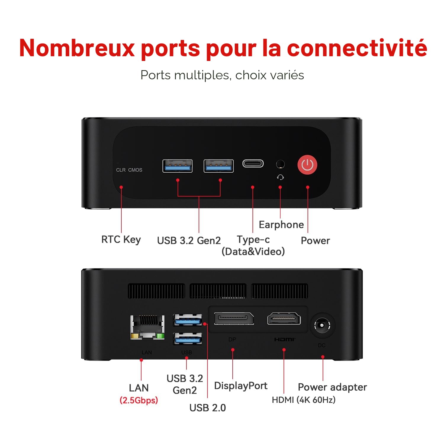 Beelink Mini PC SER5 Pro, Ryzen 5 5625U (jusqu'à 4,3 GHz), 16Go RAM DDR4, SSD NVMe de 480Go, Sortie Triple écran 4K, Carte Graphique AMD Radeon 7 cœurs 1800 MHz, Wi-FI 6 / LAN 2,5 G/BT 5.4