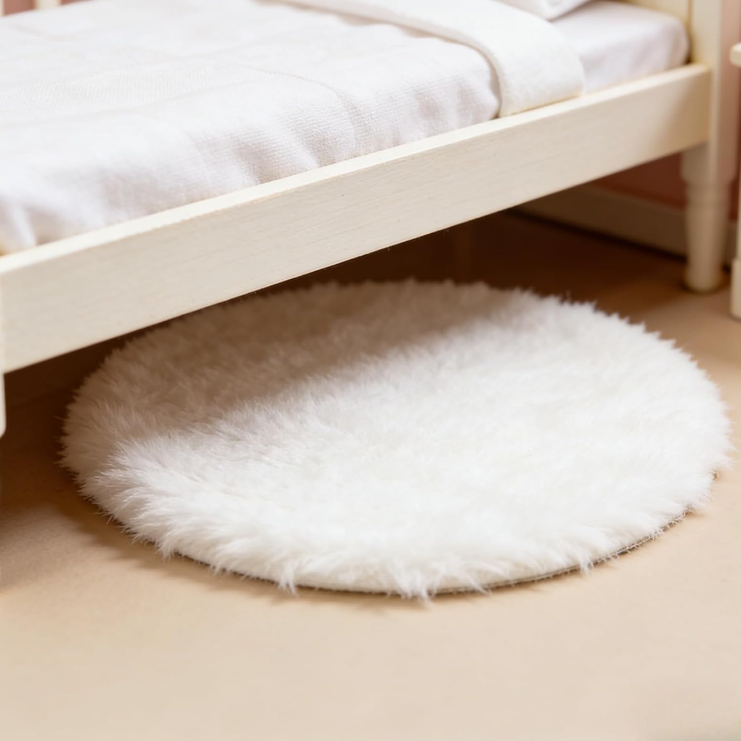 Round Mini Carpet, White Fluffy Rug, 4.33 Inch Diameter, Lightweight Decor for 1/12, 1/8, 1/6 Scale Miniatures (Khaki) image 3