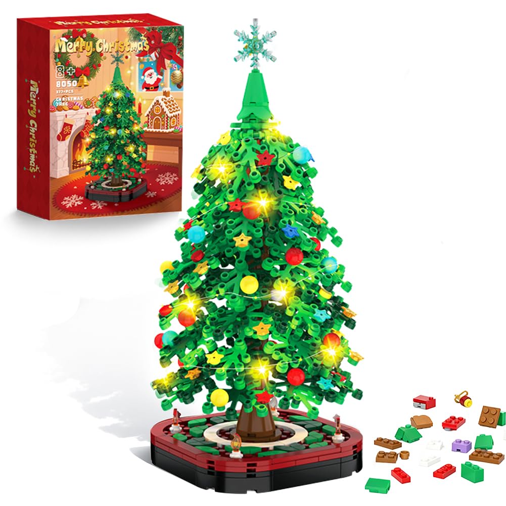 371 PCS Christmas Tree Building Blocks Kit with LED Lights, Creative Xmas Tree Toy Bricks