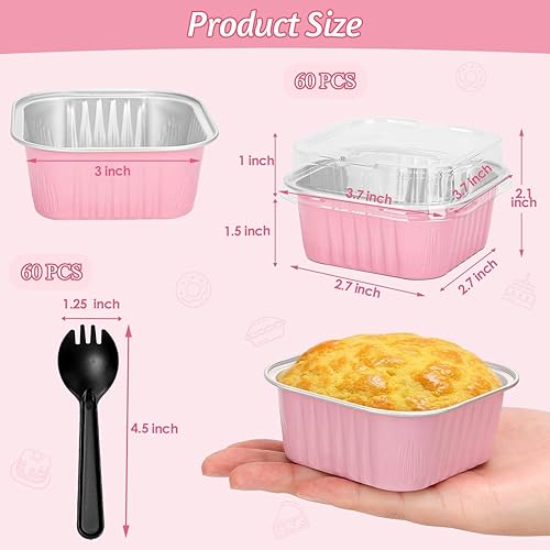 Miniatura 3 de selizo Paquete de 60 mini moldes desechables de 5 onzas con tapas, tazas cuadradas de papel de aluminio para hornear, latas pequeñas de 3.5 x 3.5