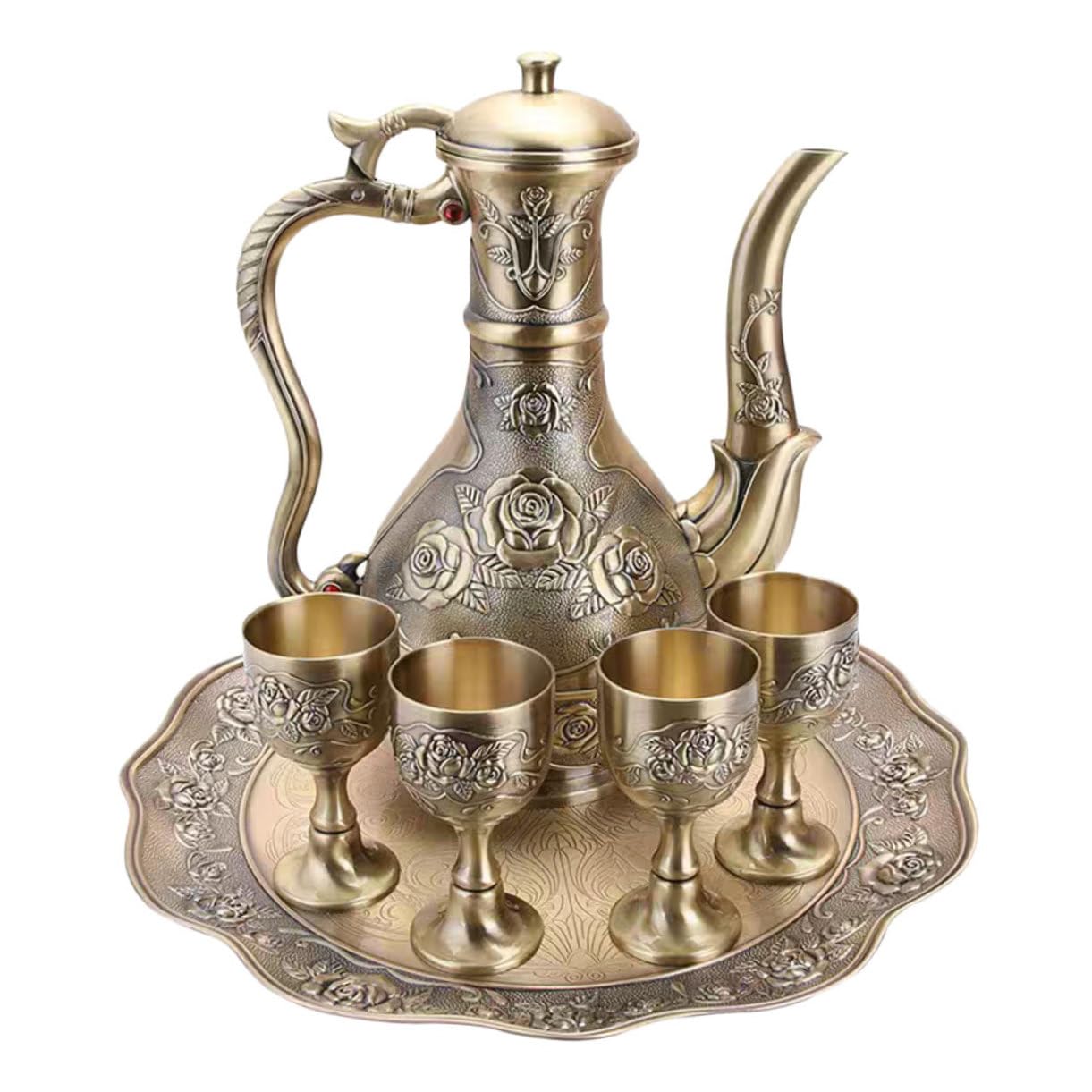 SOIMISS Vintage Türkisches Kaffee Weingeschirr Set mit Kunstvoll Geprägtem Rosenmuster Metall Karaffe Gläser und Tablett Antikes Design für Tee Weingenuss Festliche Dekoration