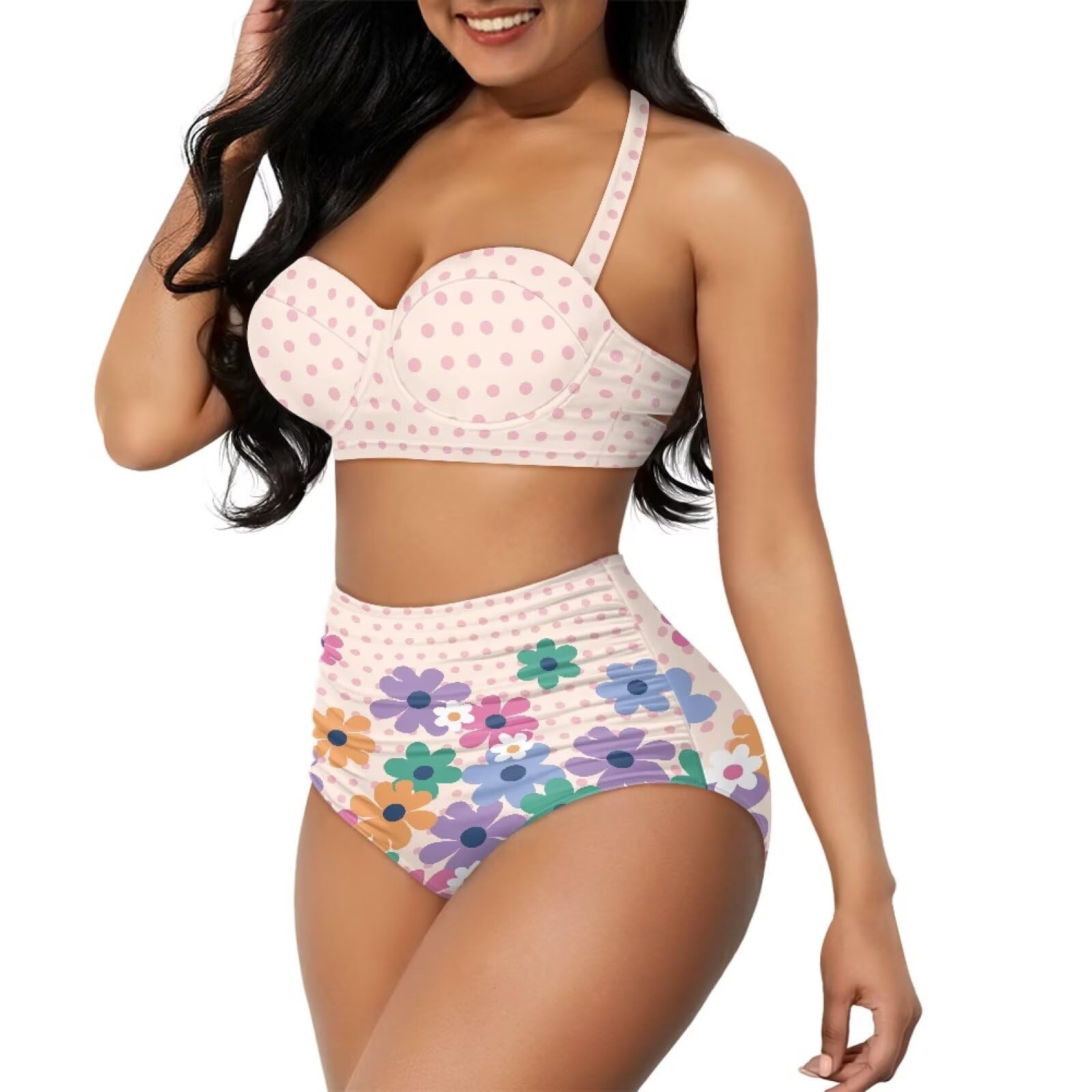 Costume da bagno da donna a vita alta, bikini con scollo all'americana, push up, controllo della pancia