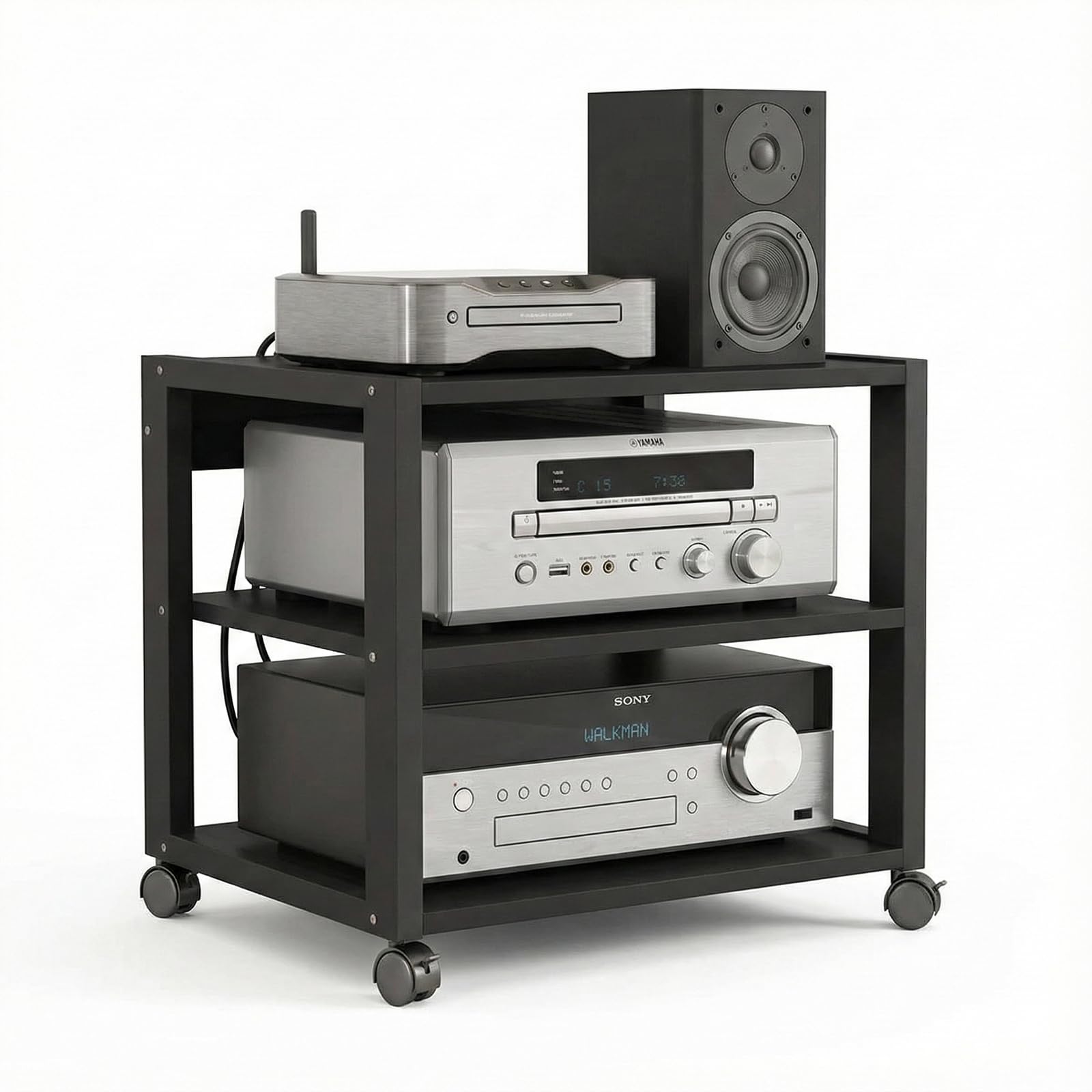 Mobile Hi-Fi Rack Audio a 3 Ripiani, Supporto Stampante con Ruote, Tavolino Porta Stereo per Giradischi e Amplificatore, Scaffale Multiuso in Metallo per Ufficio e Casa, Nero