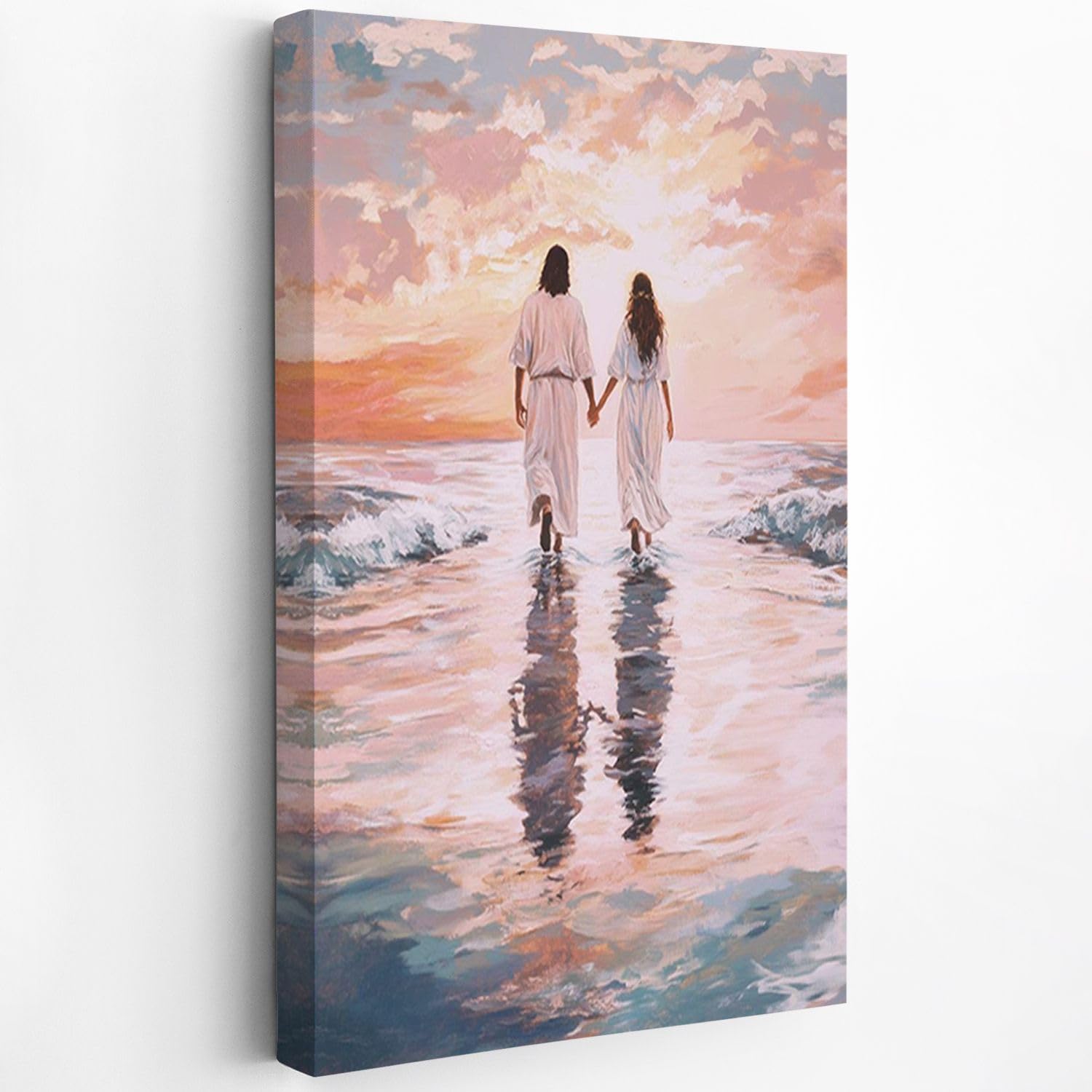 Fchen art Jesus & Woman Walking on Water Under Pink Pastel Sky - Easter Christian Wall Art Print - Divine Church, Home & Hotel Decor - 20"x28" Framed Canvas with Miraculous Resurrection Theme