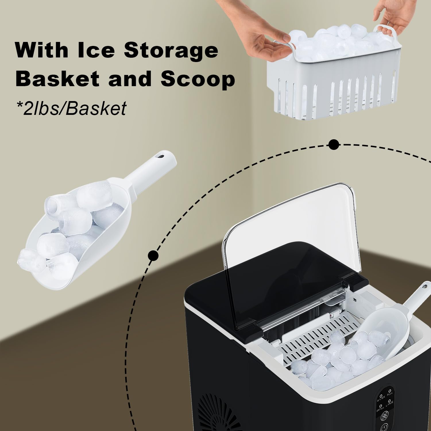 Countertop Ice Maker, Portable Ice Maker Machine 33lbs/24hrs, 2 Sizes Bullet Ice，With Ice Scoop And Basket, 9 Bullet Ice Ready In 6 Mins on Fridge.com - View 5