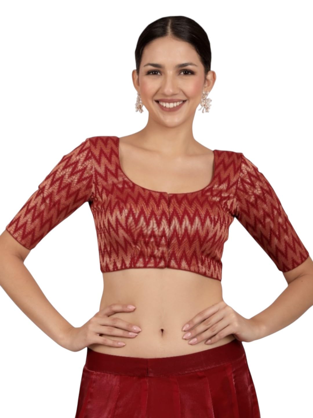biyu Women's Brocade Gold Zigzag Pattern Elbow Sleeve Readymade Saree Blouse-picture-16