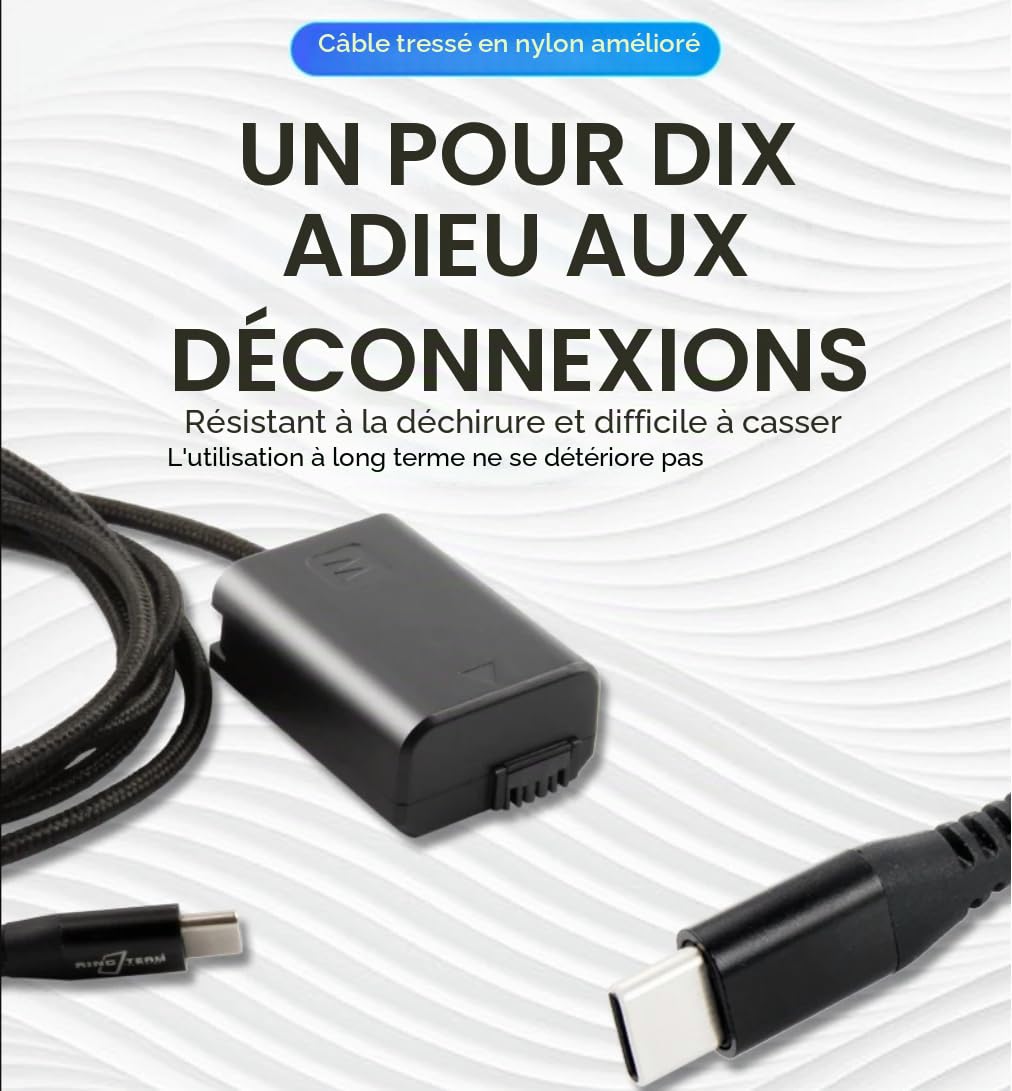 PD Câble d'alimentation USB-C tressé vers NP-FW50 batterie factice AC-PW20 DC coupleur pour Sony Alpha A5100 A6500 A6400 A6000 A55 A7