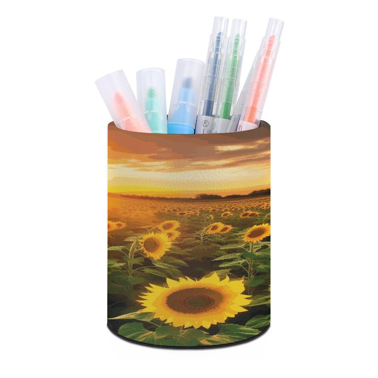 LDGSUPH Sunflower Field Sunset Round Pen Holder Leather Pen Cup Pencil Cup Pen Organizer Pencil Holder for Desk Organizer Pencil Organizers Makeup Brush Holders for Home Office Gift