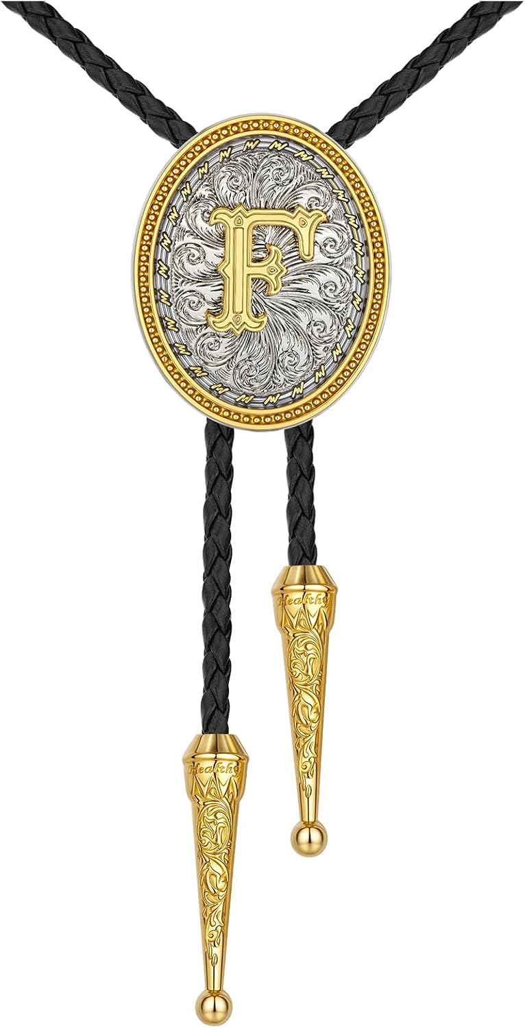 HUABOLA CALYN Bolo tie for Men, Western Cowboy Golden Alphabet Initial Letter ABCDJMR to Y Costume Bolo ties Neckties