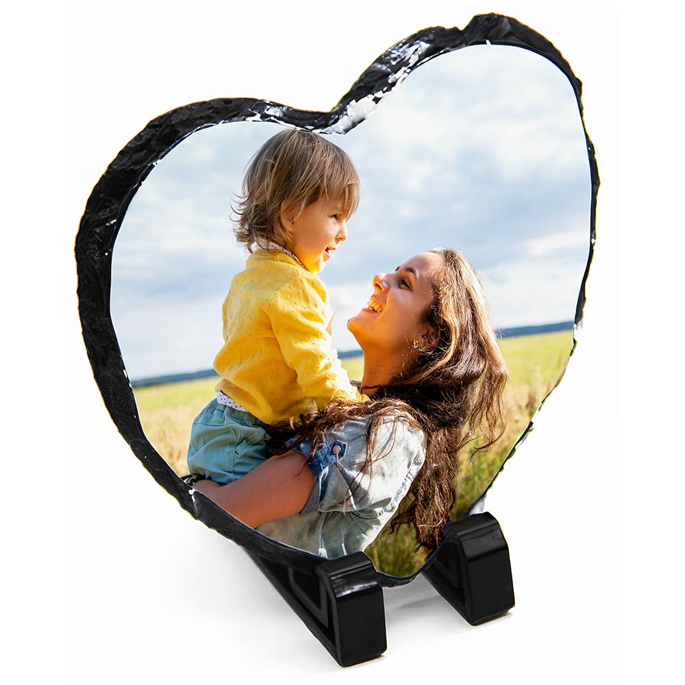 Personalised Heart Photo Slate Gift - Custom Photo/Image Rock Keepsake Plaque with Stands - 20cm
