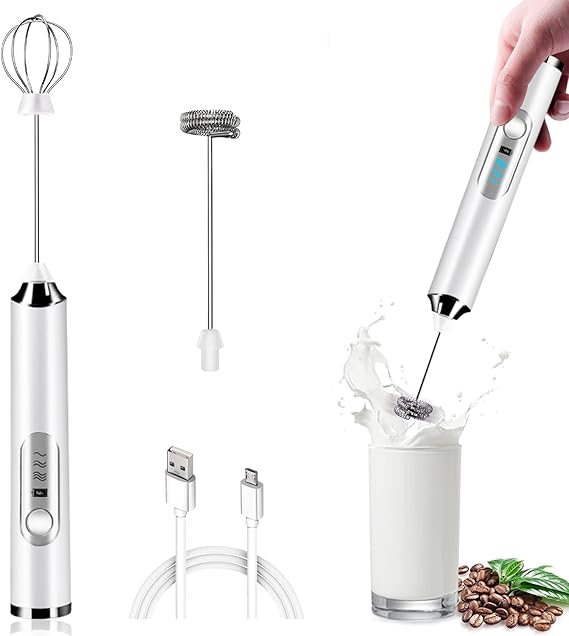 Milk Frother Rechargeable Handheld, Electric Whisk Coffee Frother Mixer with 2 Stainless whisks