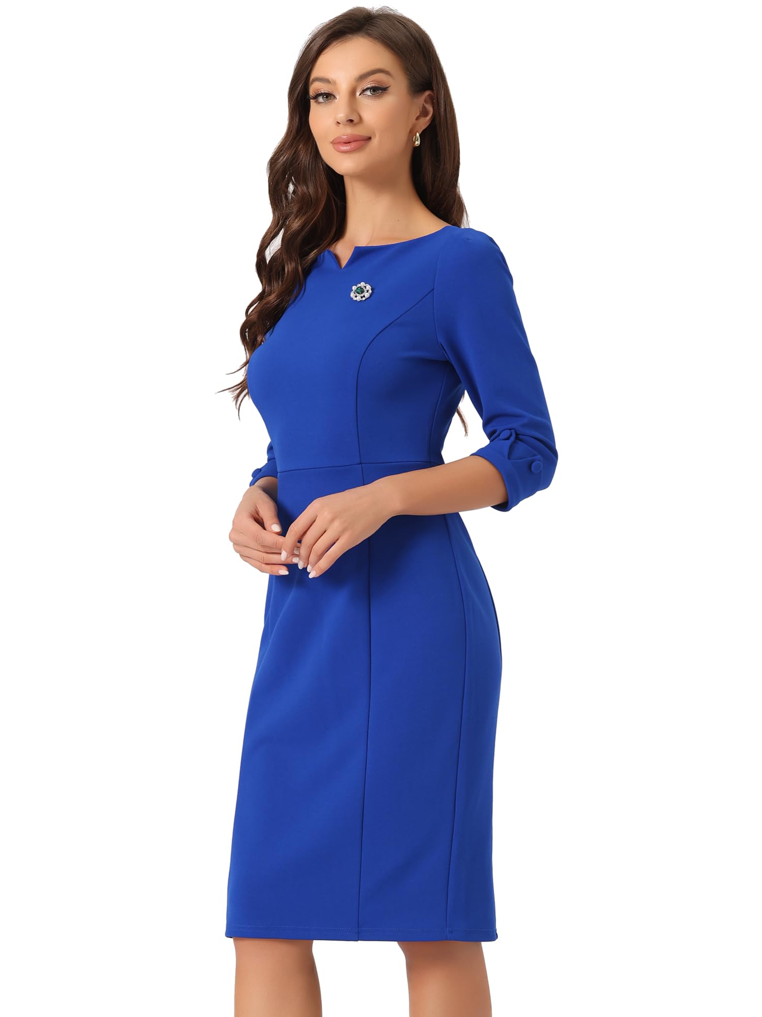 Allegra K Vestidos Midi para Mujer, Manga 3/4, Escote Corazón, Corte Ajustado, Vestido de Lápiz Oficina