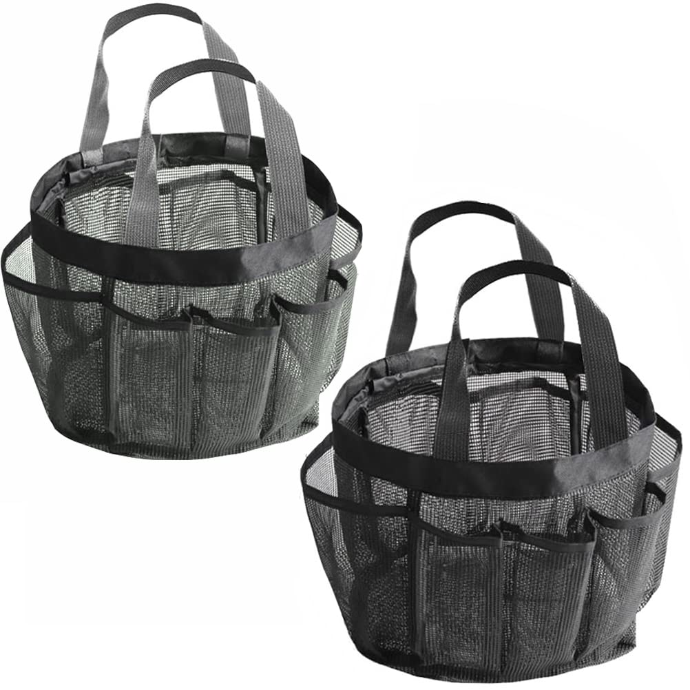 FUYOAL 2 Pack Shower Bags, Quick Dry Mesh Shower Caddy Bag Portable Hanging Tote Bath Organizer With 8 Pockets for Dorms, Gym, Travel (Grey & Black)