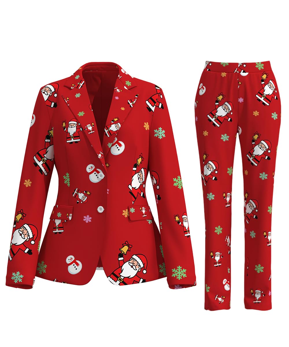 Christmas Pajama Suit for Women 2 Piece Santa Outfits Printed Business Jackets Pants Sets Funny Xmas Party Pant
