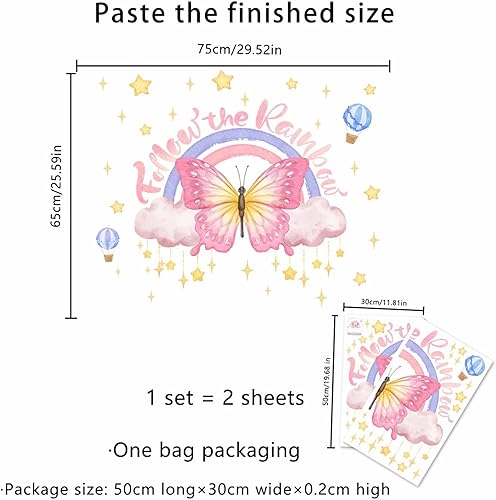 Miniatura 3 de Adhesivos de pared de mariposa rosa, arco iris, nube, estrellas, sacinora Dream Butterfly DIY Art Wall Decals removible de vinilo para despegar y