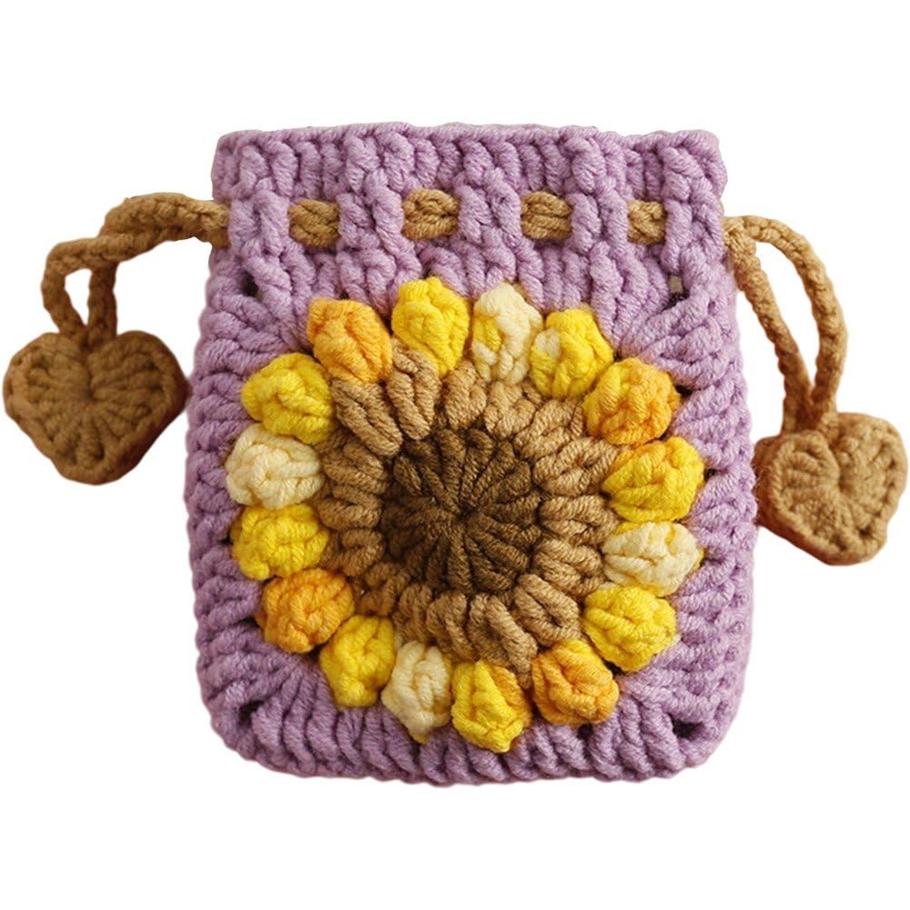 Uzztfa Women's Purple Handmade Knitted Coin Purse, Cute Drawstring Crochet Coin Pouch For Girls, Knitted Change Purse Wallet For Keys, Lipstick, Change