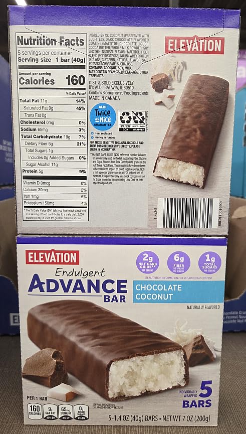 Elevation Endulgent Advance Bar Chocolate Coconut 7oz 200g (Two Boxes)