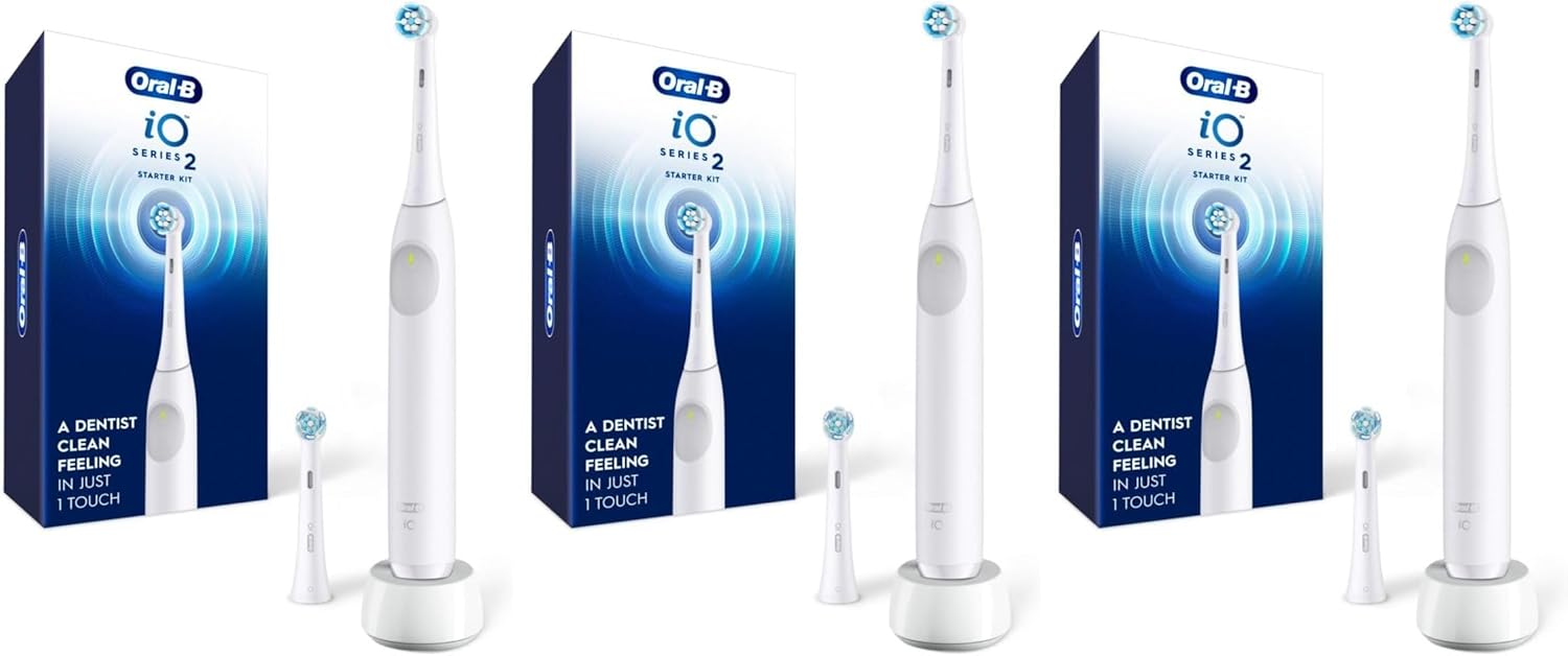 Oral-B Rechargeable Electric Toothbrush, iO2 Starter Kit, 3 Cleaning Modes, Automatic Pressure Sensor to Protect Gums, 2 Brush Heads, Pure White (Pack of 3)