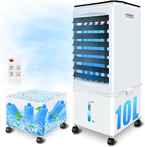 Climatiseur mobile sans tuyau d’évacuation – 10 l – 60 W – Avec minuterie 12 h – 40 dB – Oscillation à 120° – Réservoir d’eau amovible – Télécommande – Silencieux – Pour appartement, chambre et pièces