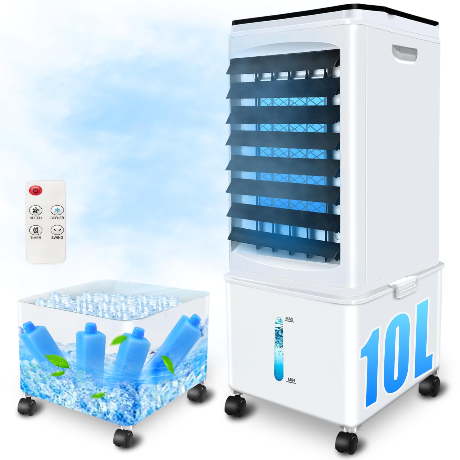Climatizzatore senza tubo di scarico, 10 L, 60 W, condizionatore d'aria mobile con timer da 12 ore, 40 dB, oscillazione a 120°, serbatoio dell'acqua rimovibile, telecomando, silenzioso, portatile, per