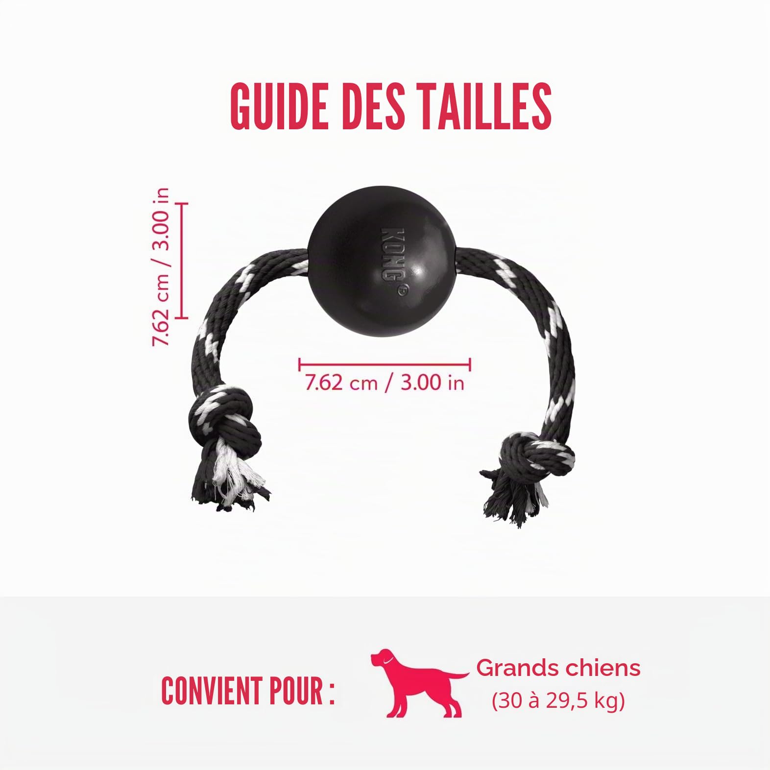 KONG Extreme Ball avec Corde - Jouet De Récupération pour Chien en Caoutchouc Naturel Durable avec Corde pour Lancer Facile - pour Grands Chiens - Noir