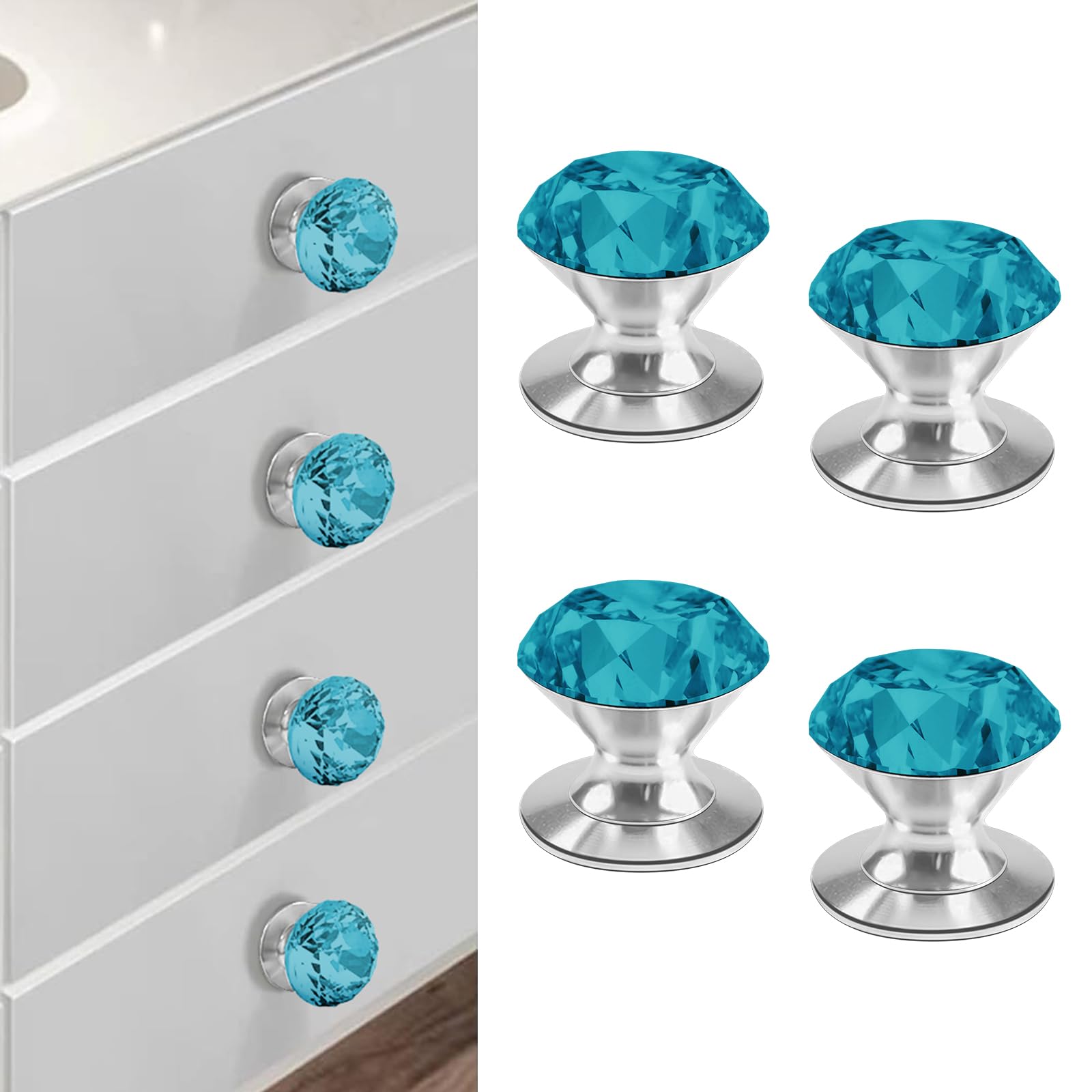 CcHhyyt 4 Pcs Adhesive Crystal Knobs Stick On Cabinet Handle Turquoise K9 Crystal Pulls Peel and Stick Dresser Pulls for Mirror Cabinet Drill Free