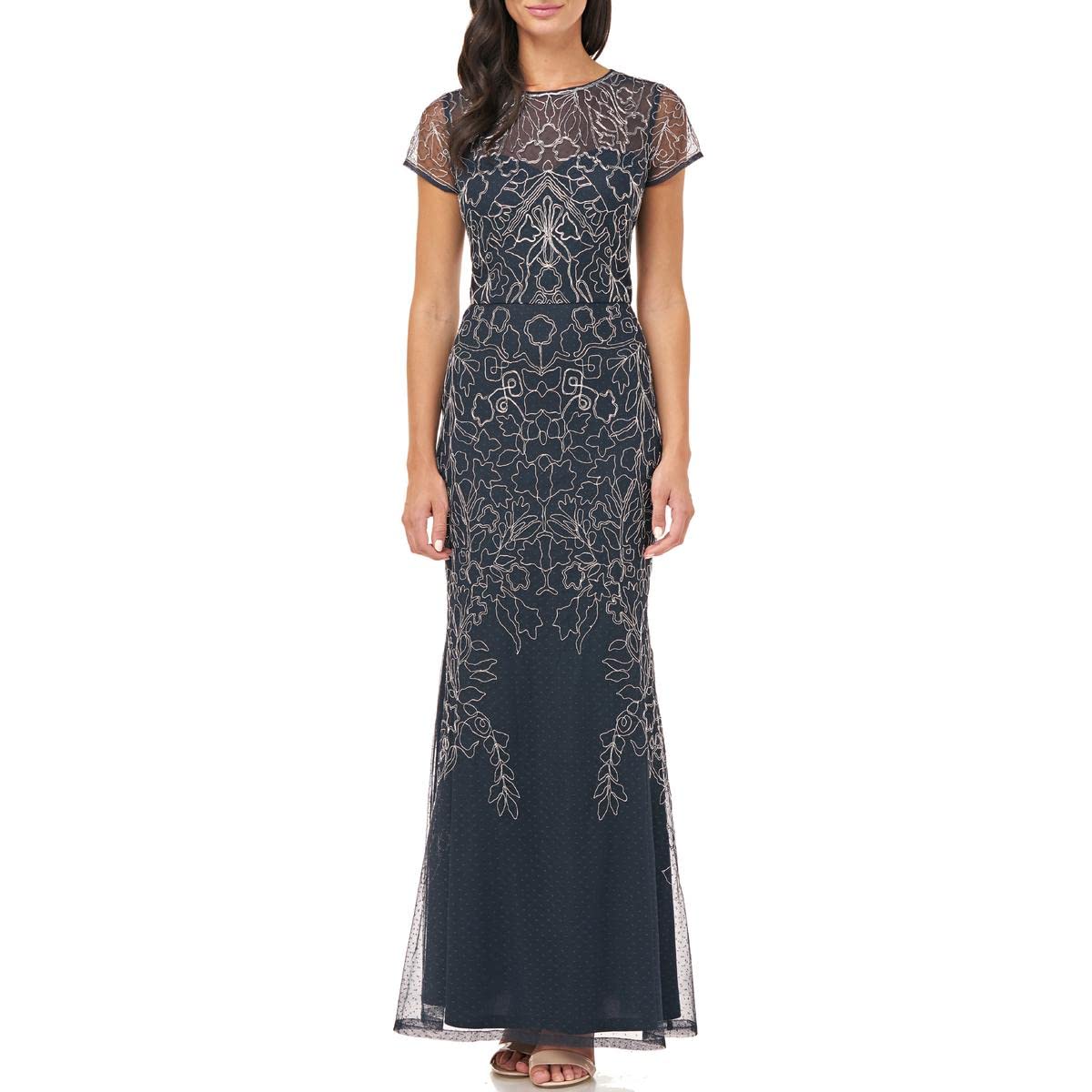 JS CollectionsCrew Neck Short Sleeve Illusion Keyhole Back Embellished Soutache Mesh Dress-Navy Silver