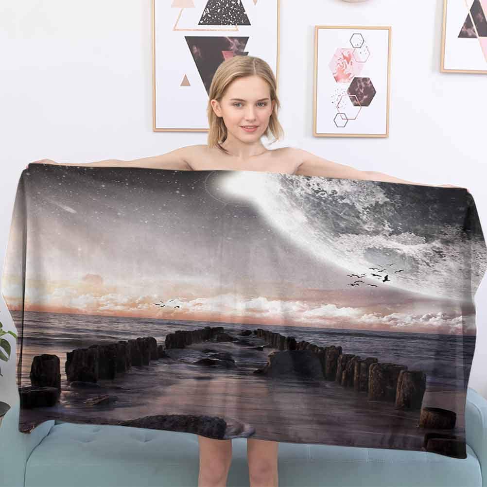 Family Bath Towel - Space,Moon Fantasy Planet Beach with Old Pier with Sea Waves Fiction Eclipse Sky Landscape,Pink Blue，Soft and Thick Towel-Machine Washable