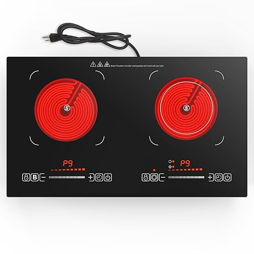 Electric Cooktop,110V 2400W,Countertop and Built-in Electric Stove top,2 Burner induction Cooktop with11 Power Levels,Child Safety Lock, Timer, LED touch control,Overheat Protection