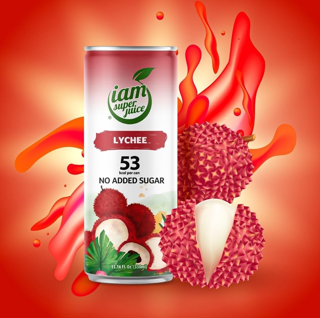 iam super juice Lychee | Vegan friendly | No added sugar | Very Low calories | Super fruits | 12x 330ml cans