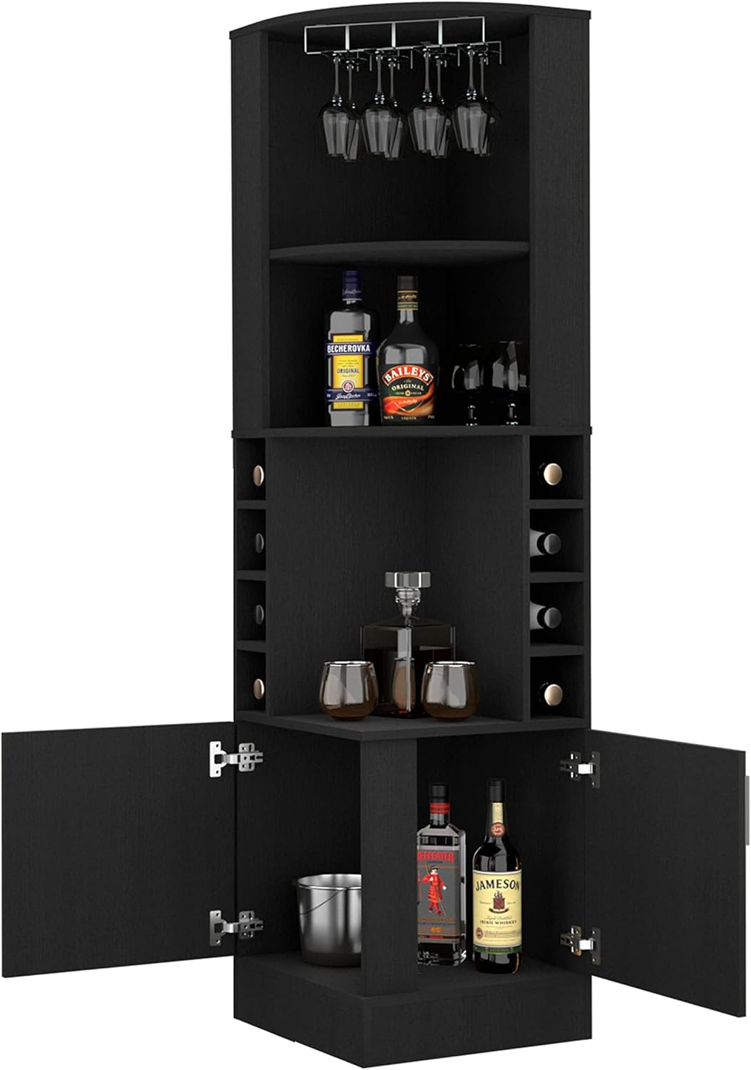 Delhi Black Engineered Wood Corner Bar Cabinet with Glass Rack