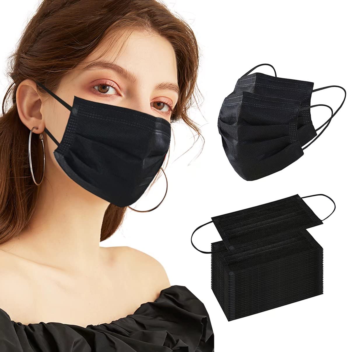 100pcs Black Disposable Face Masks Breathable Mouth Cover Daily Protection Face Mask with Nose Clip and Adjustable Ear Loop