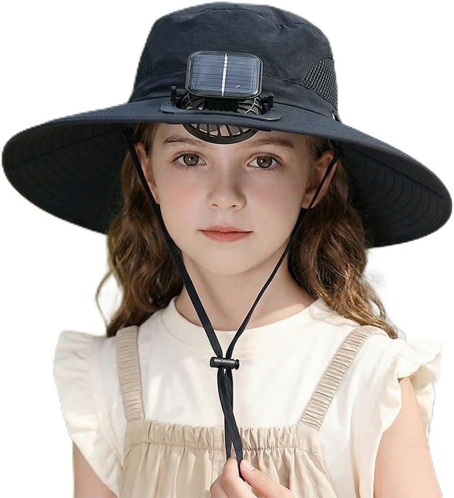 Cooling Fan Hat for Kids 3-12 Years, USB Charging Fan Hat Wide Brim Bucket Fisherman Hat for Beach, Hiking, Fishing