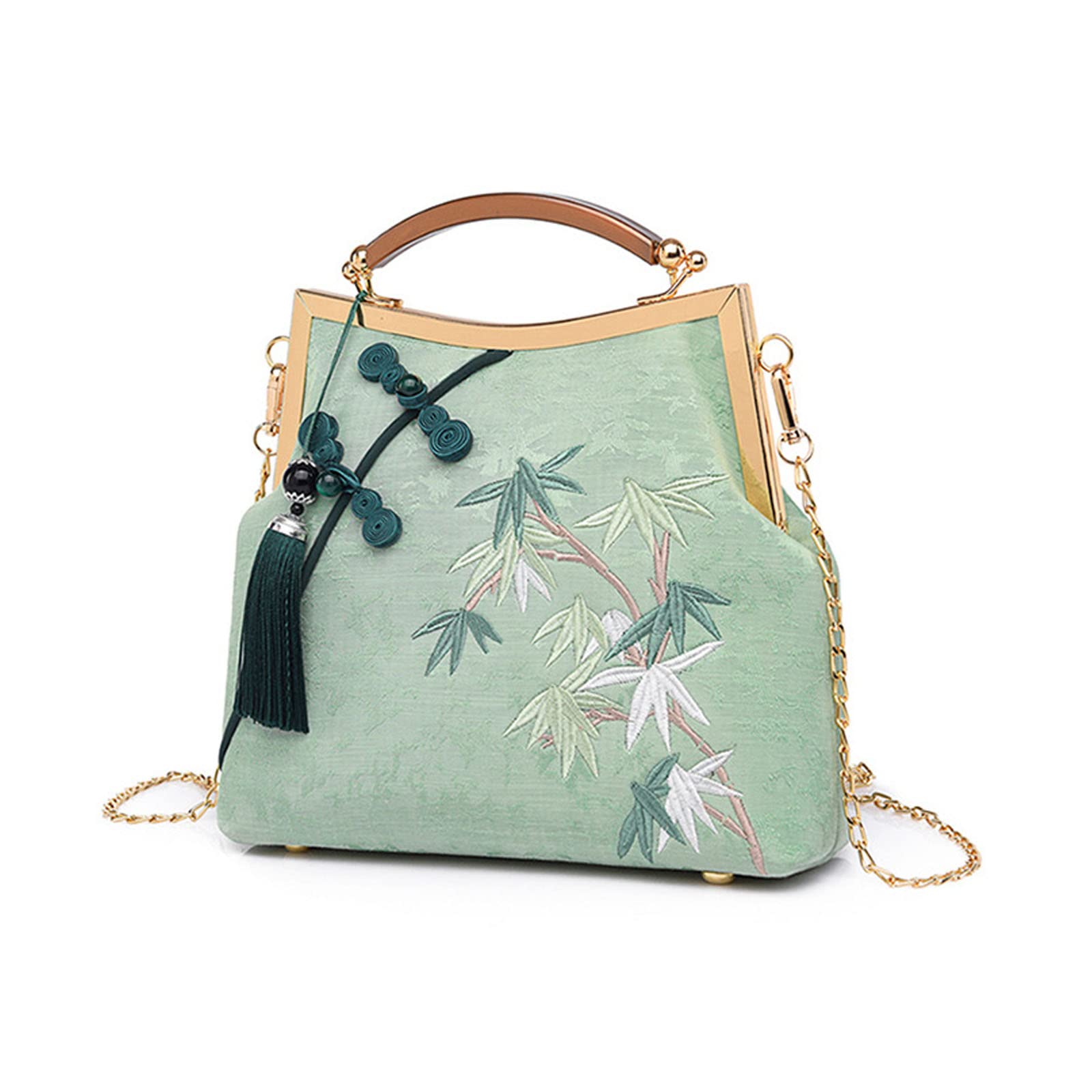YeBon Retro Shoulder Chain Messenger Clutch Chinese Style Crane Embroidered Jacquard Women Evening Bags Green Bamboo