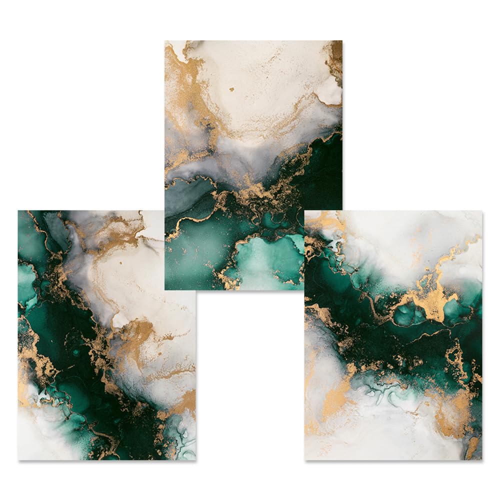 Conjunto de 3-Pósteres Nórdicos Abstractos de Mármol Verde y Dorado para Pared Arte Estético Lienzo Impreso Sala de Estar Cocina Oficina Dormitorio Decoración del Hogar-60 * 80cm (Sin marco)