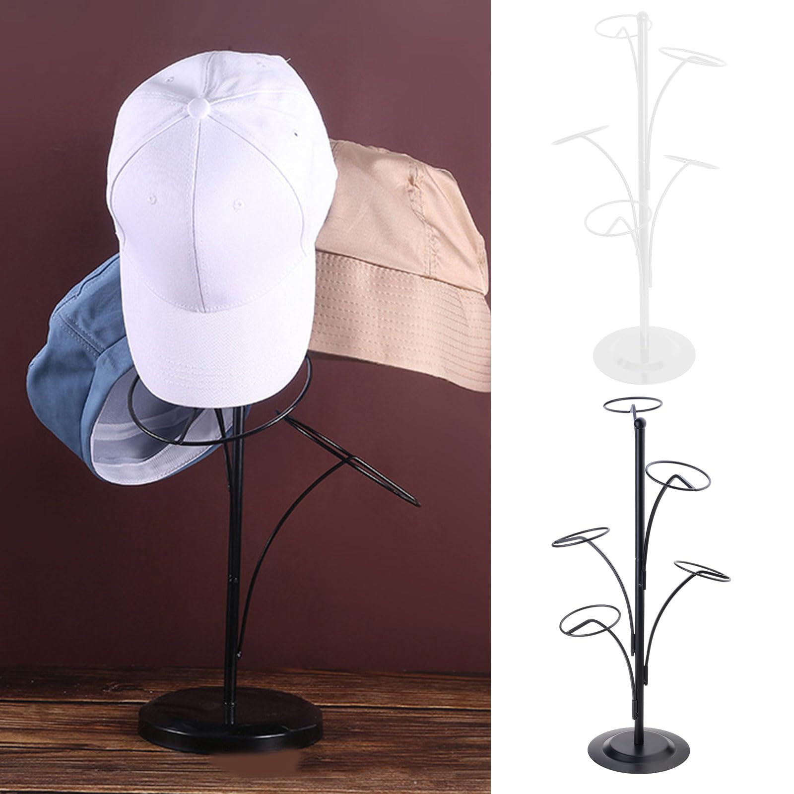 Soporte de sombrero de metal moderno con 5 ganchos redondos de pie Estante para gorra de béisbol Soporte de exhibición de almacenamiento de sombrero Organizador Soportes de metal modernos