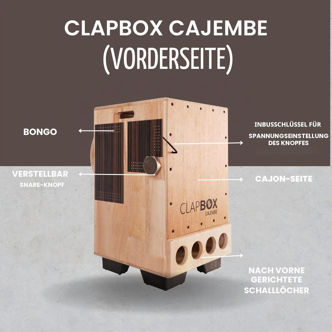 Clapbox Cajembe Cajon (4 Instrumente in 1) - Kautschukholz (H:50 W:30 L:30) 3 interne Snares, Natur