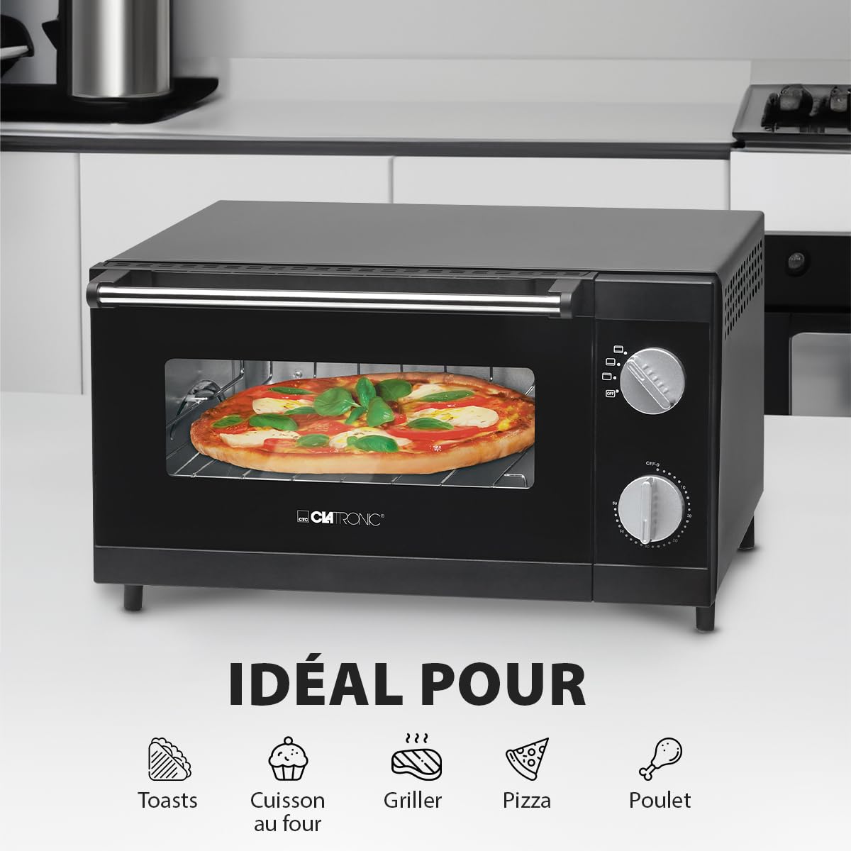 Clatronic Four à pizza avec espace de cuisson de 12 litres | idéal pour griller et réchauffer | Four avec chaleur supérieure et inférieure | Mini-four avec minuterie de 60 minutes | MPO 3520