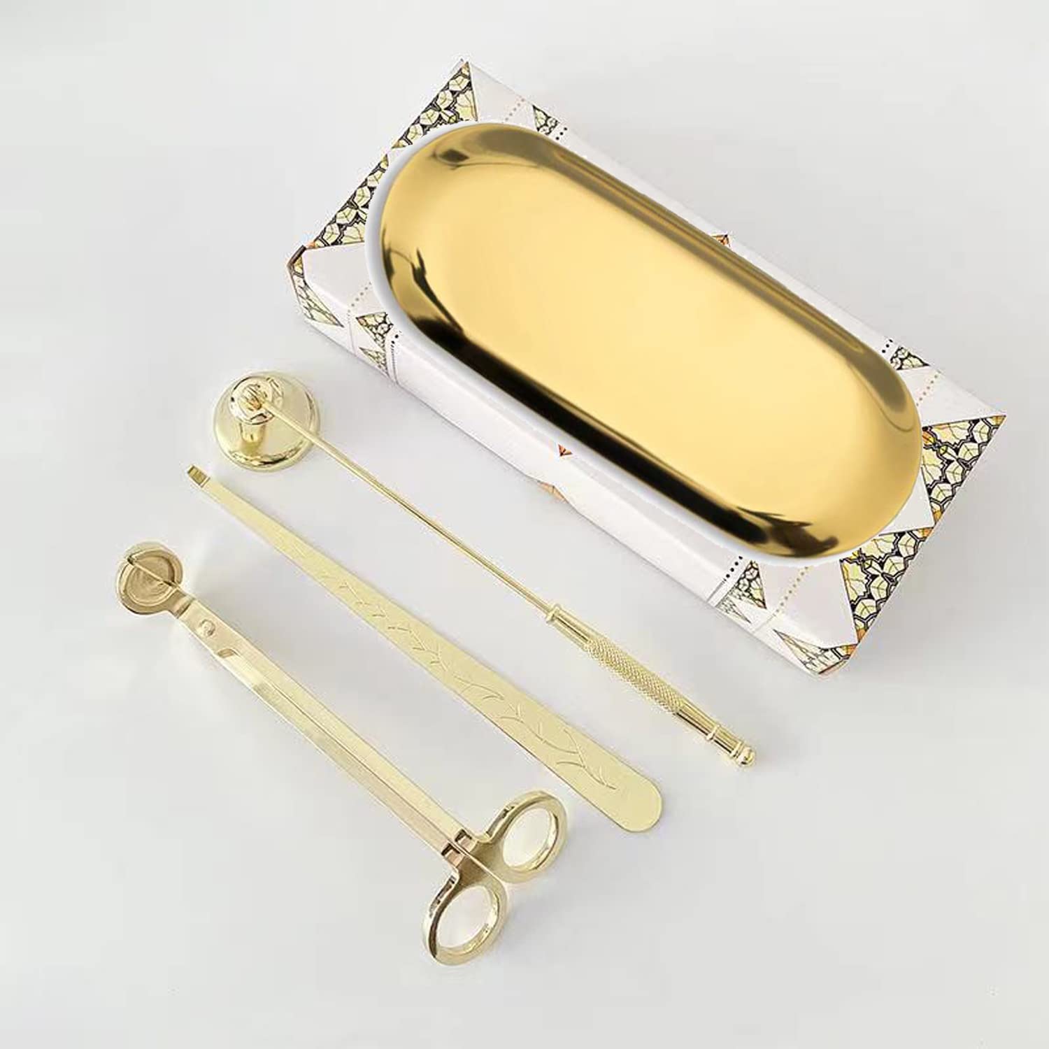 Set di 4 accessori per candele, con levacapsule, taglia-stoppini e vassoio portaoggetti, in acciaio inox, set di utensili per candele, regalo per lume di candela (oro)