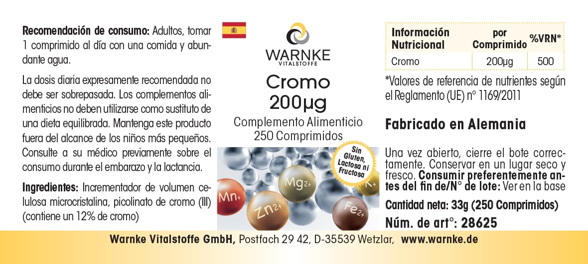Chrom 200μg – 250 tabletek, każda zawierająca 200μg – wyprodukowano z pikolinianu chromu – WYSOKA DAWKA – niemiecka jakość farmaceutyczna – wegańskie | Warnke Vitalstoffe