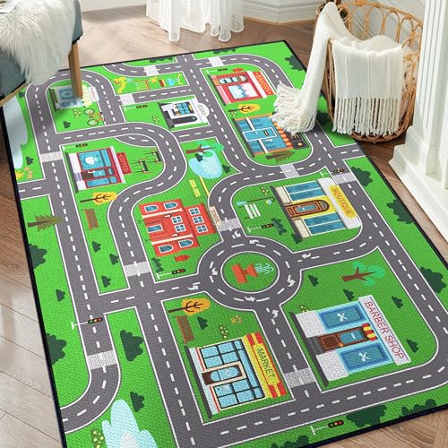 Isyorefam Play Rug for Playroom 59'x39', Kids Car Mat Town City Road Map Carpet, Fun Car Playmat Area Rugs Non-Slip Washable for Bedroom